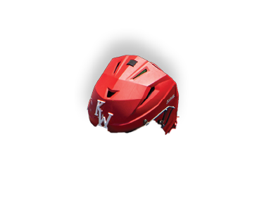 A red helmet is in the middle of a white background. Description generated by AI