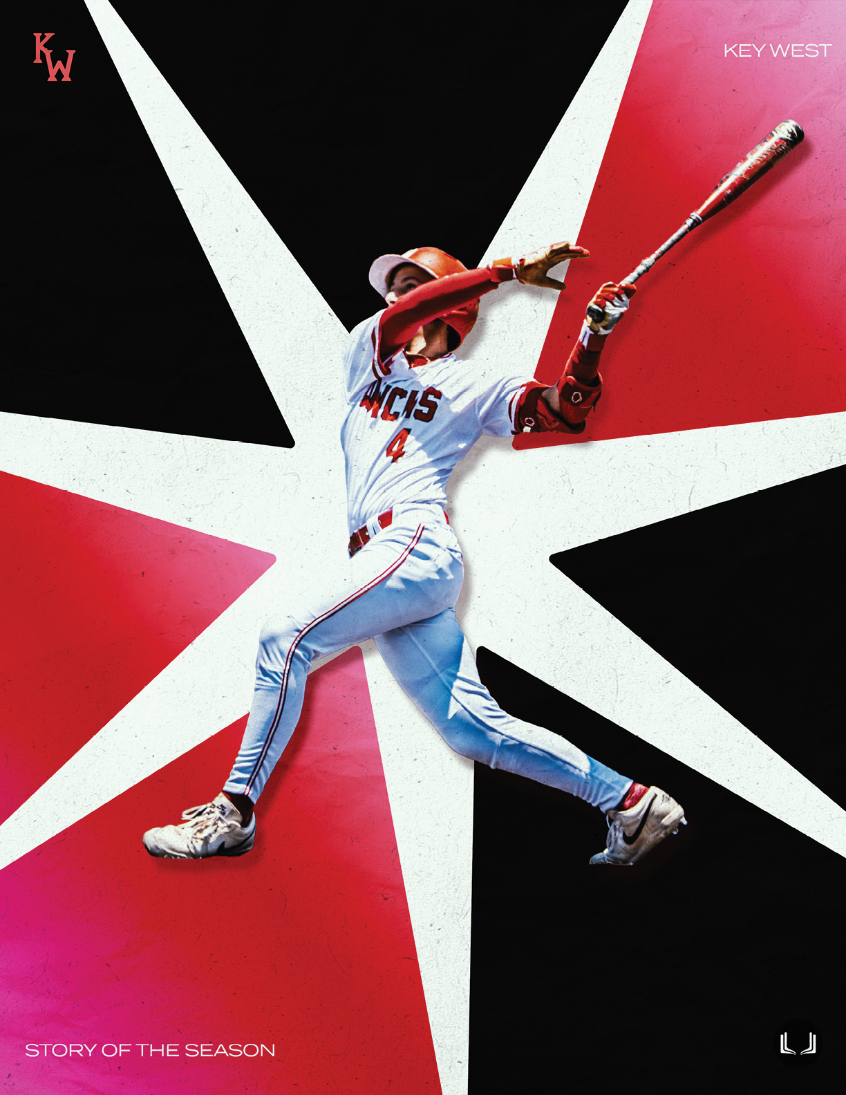 A baseball player in a red and white uniform is swinging a bat. Description generated by AI