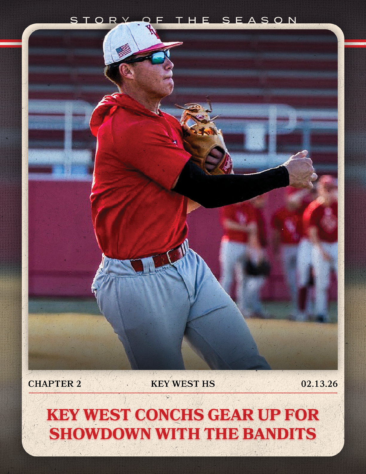 A baseball player wearing a red shirt and holding a mitt. AI generated content