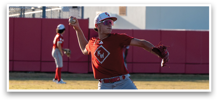 A baseball player in a red shirt and grey pants is pitching a ball on a field. AI generated content
