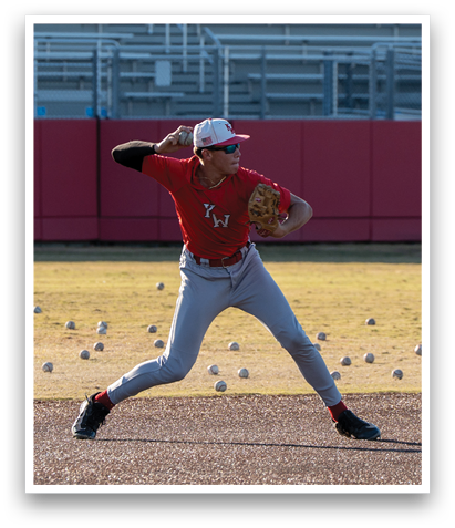 A baseball player in a red shirt and grey pants is throwing a ball. AI generated content