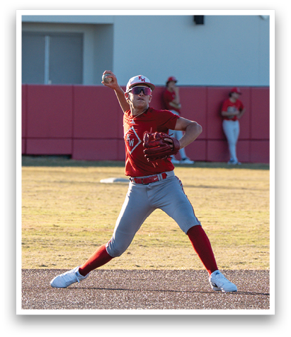 A baseball player in a red shirt and grey pants is pitching a ball on a field. AI generated content