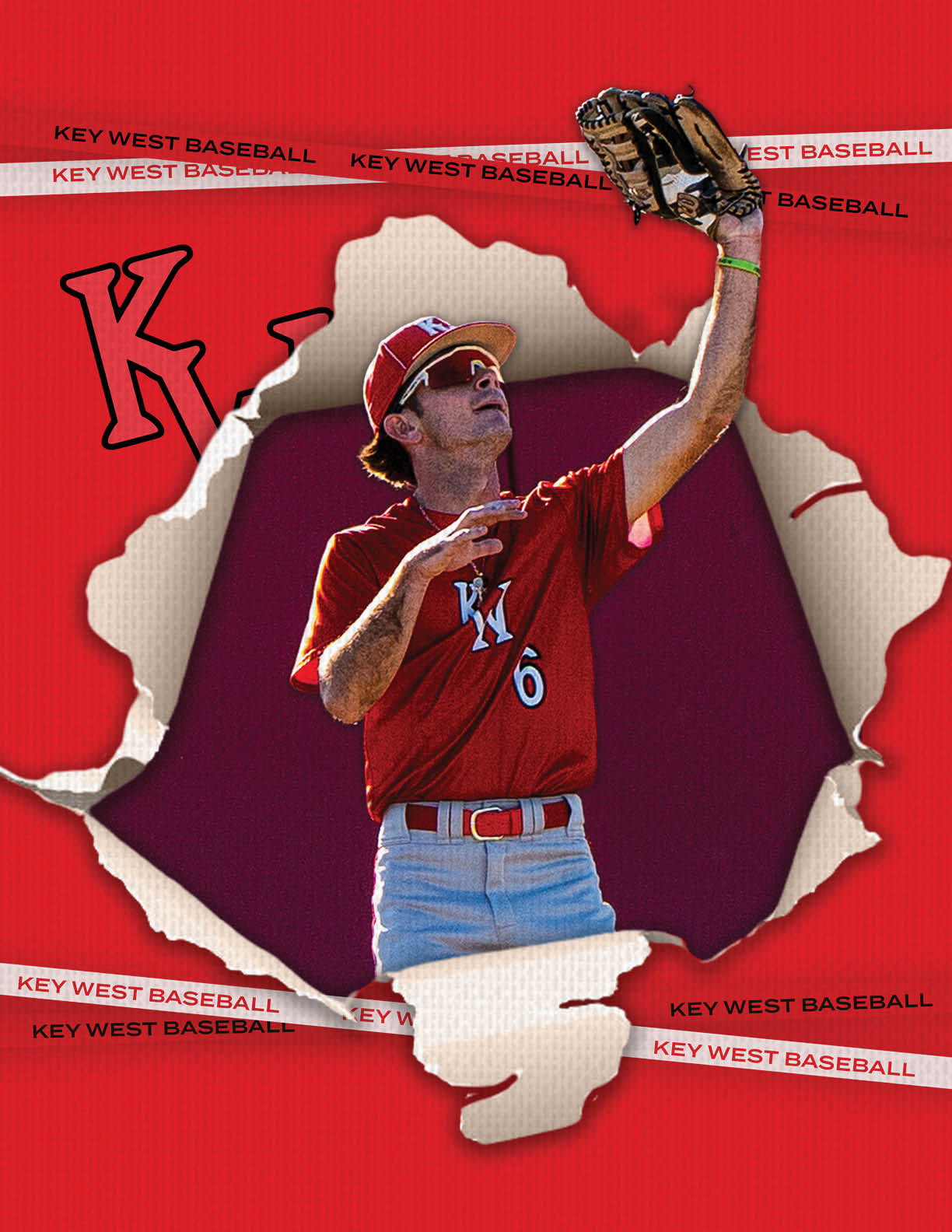 A baseball player wearing a red shirt and red pants is holding a baseball glove. AI generated content