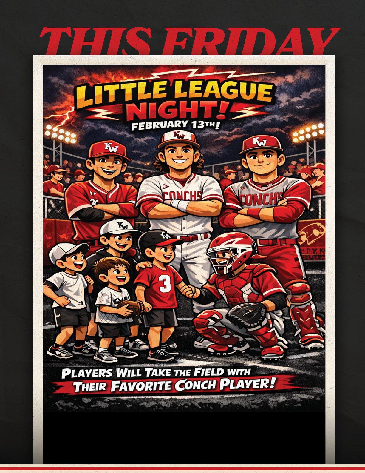 A cartoon advertisement for a Little League Night event. AI generated content