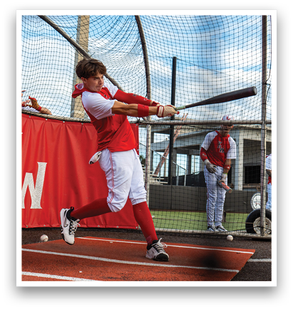 A baseball player in a red shirt and white pants is swinging a bat at a ball. AI generated content
