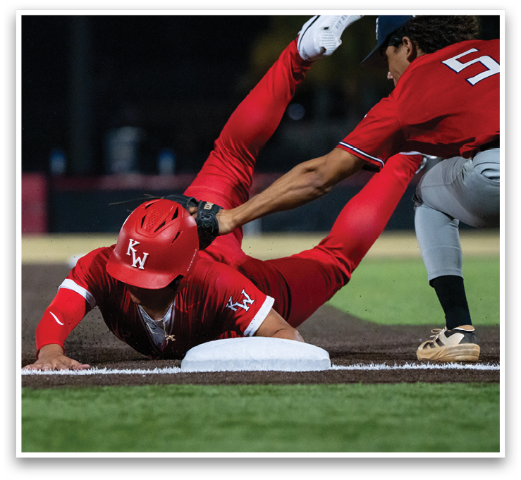 Two baseball players are on the field, one sliding into a base while the other tries to tag him out. AI generated content