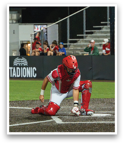 A baseball catcher is kneeling on the ground, holding a baseball mitt. AI generated content