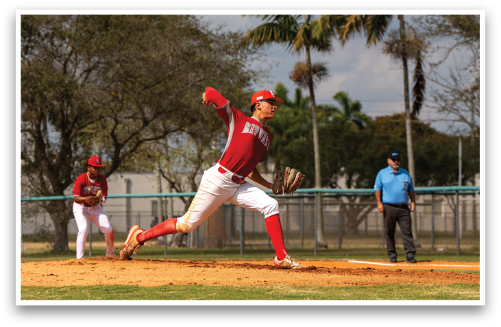 A baseball player in a red shirt and white pants is throwing a ball on a field. AI generated content