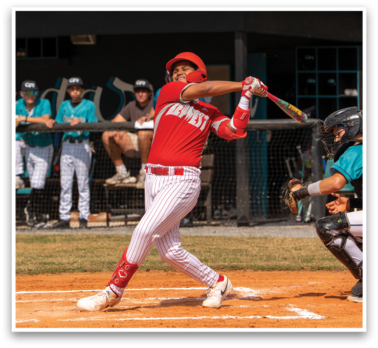 A baseball player in a red shirt and white pants is swinging a bat at a ball. AI generated content