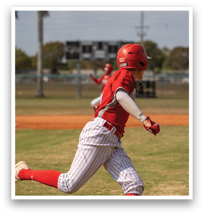 A baseball player in a red jersey is running on the field. AI generated content