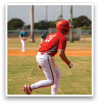A baseball player in a red shirt and white pants is running to first base. AI generated content