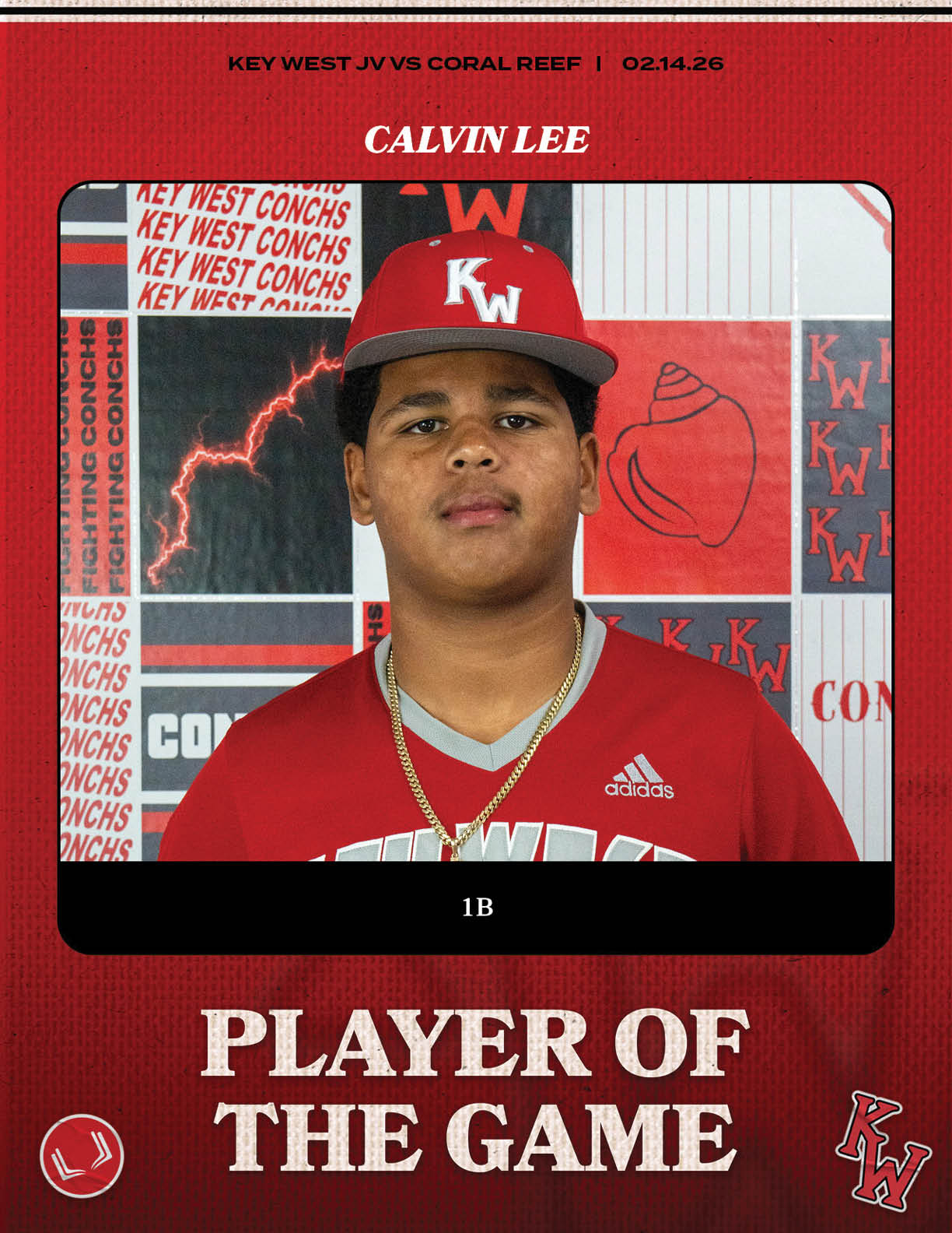 A young man wearing a red and white baseball uniform is featured on a card for Player of the Game. AI generated content