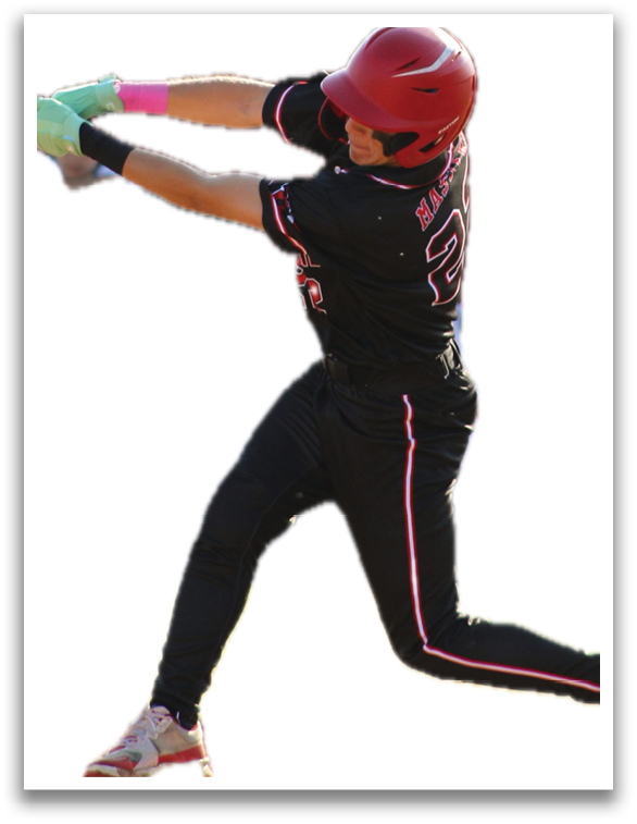 A baseball player in a black and red uniform is swinging a bat, attempting to hit a ball. AI generated content
