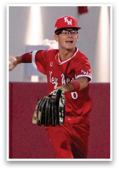 A baseball player wearing a red jersey and holding a catcher's mitt. AI generated content