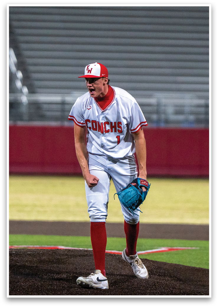 A baseball player wearing a red and white uniform is standing on the pitcher's mound, holding a baseball glove. AI generated content