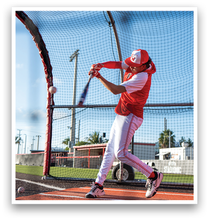 A baseball player in a red shirt and white pants is swinging a bat at a ball. AI generated content
