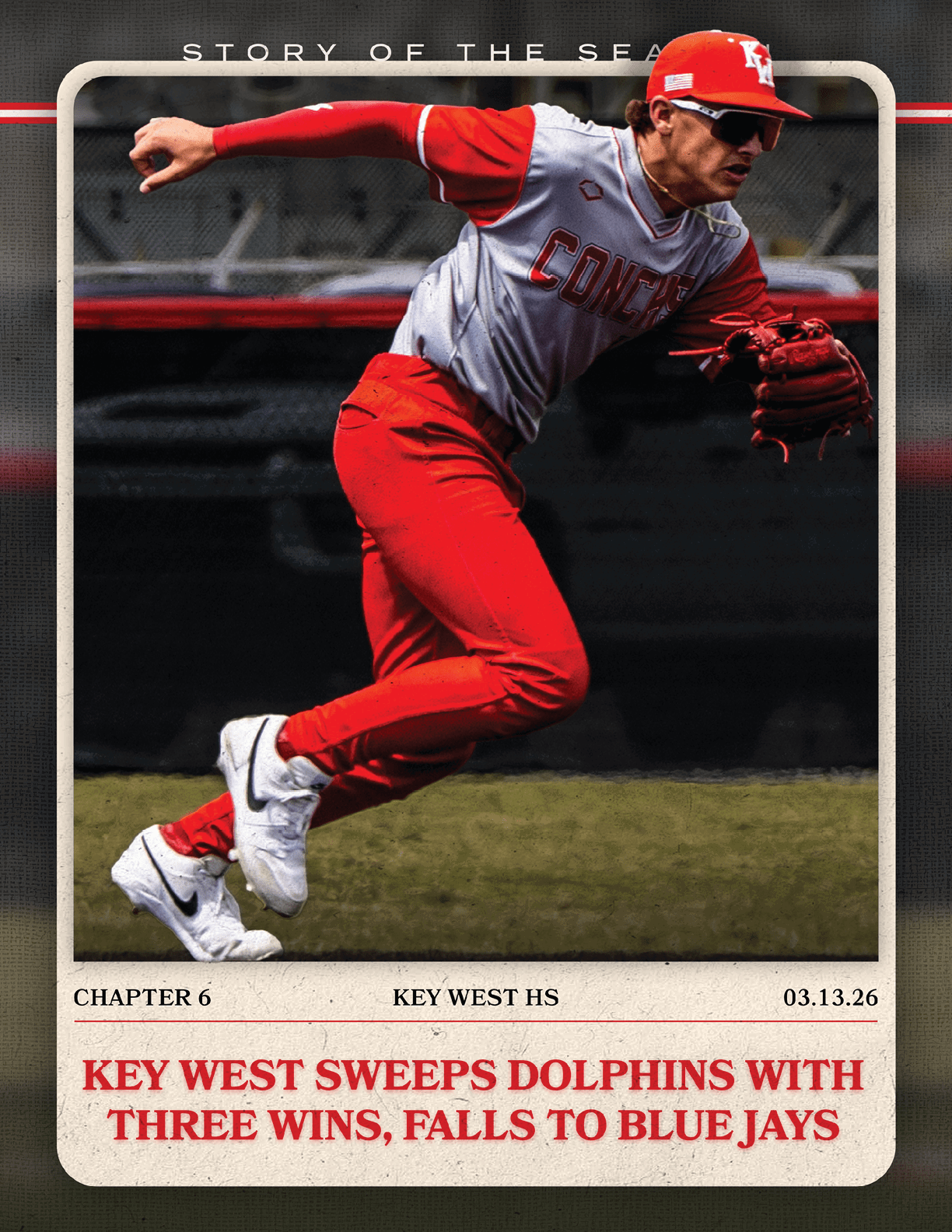 A baseball player in a red jersey with the word “CAN" on it is running to catch a ball. AI generated content