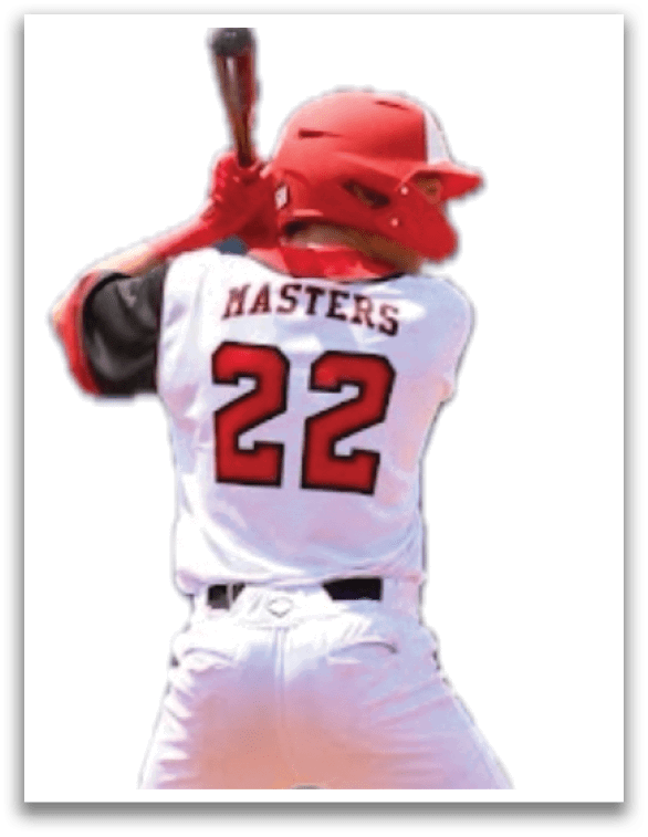 A baseball player in a red helmet and white uniform is holding a bat, ready to swing. AI generated content