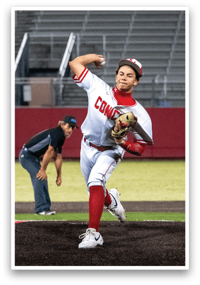 A baseball player in a red and white uniform is pitching a ball on a field. AI generated content