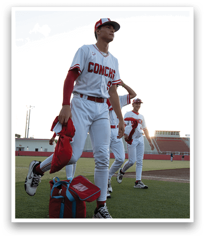 A baseball player holding a red bag and a baseball glove. AI generated content