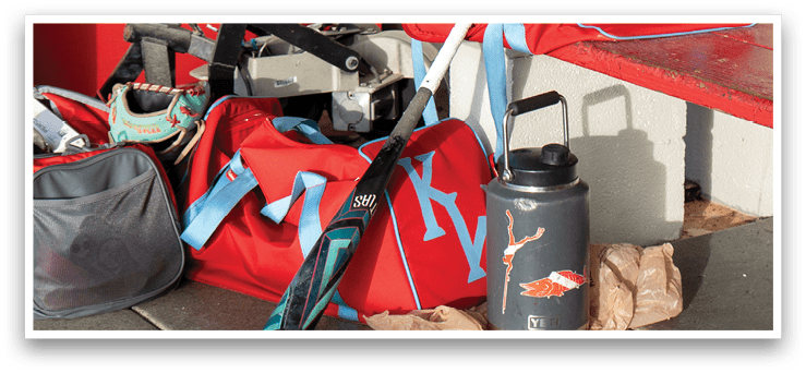 A red locker room with various items such as a baseball glove, a bat, and a sports bag. AI generated content