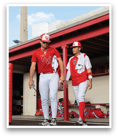 Two baseball players wearing red and white uniforms are standing next to each other. AI generated content