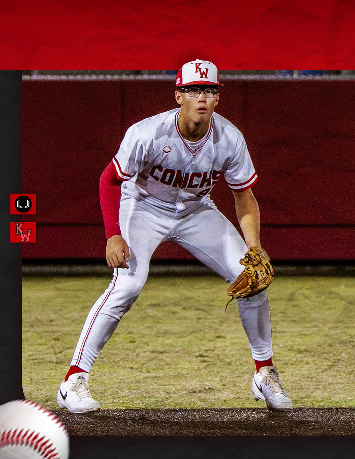 A baseball player wearing a white jersey and red socks is standing on the field. AI generated content