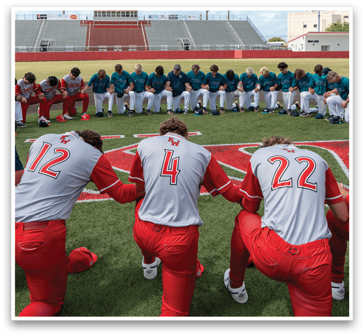 A group of baseball players kneeling on the field. AI generated content