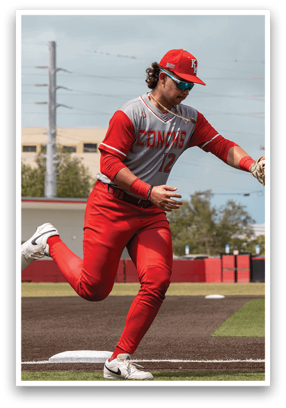 A baseball player wearing a red jersey and red pants is running on the field. AI generated content