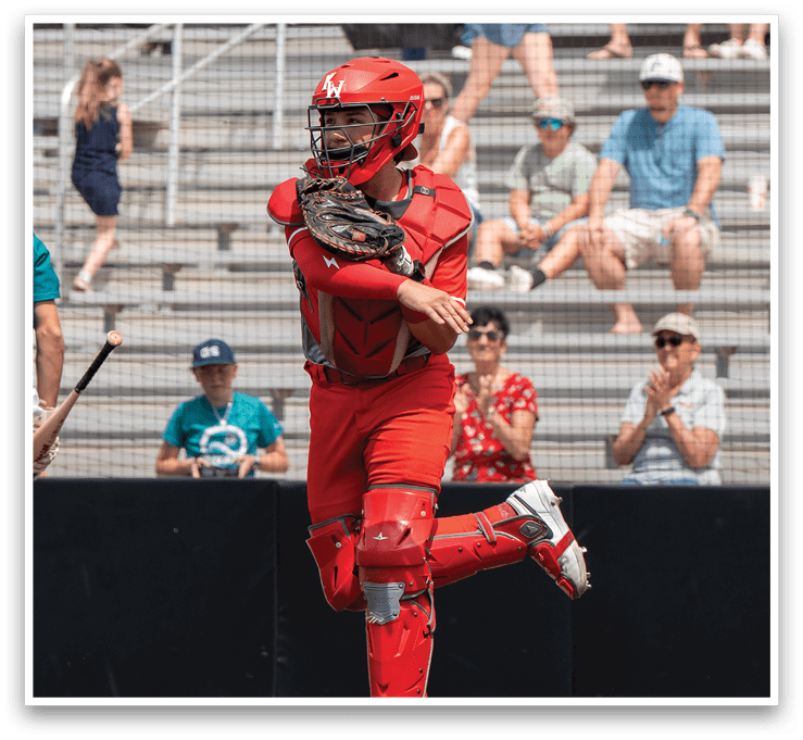 A baseball player in a red uniform is swinging a bat, while a catcher and an umpire watch. AI generated content