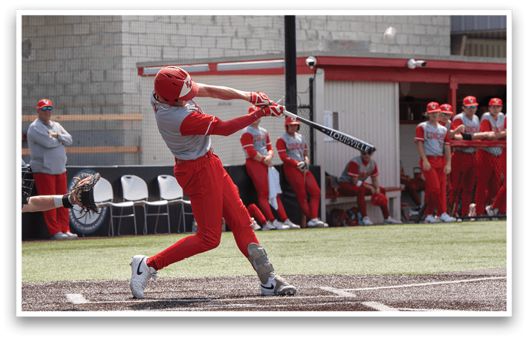 A baseball player in red swinging a bat. AI generated content