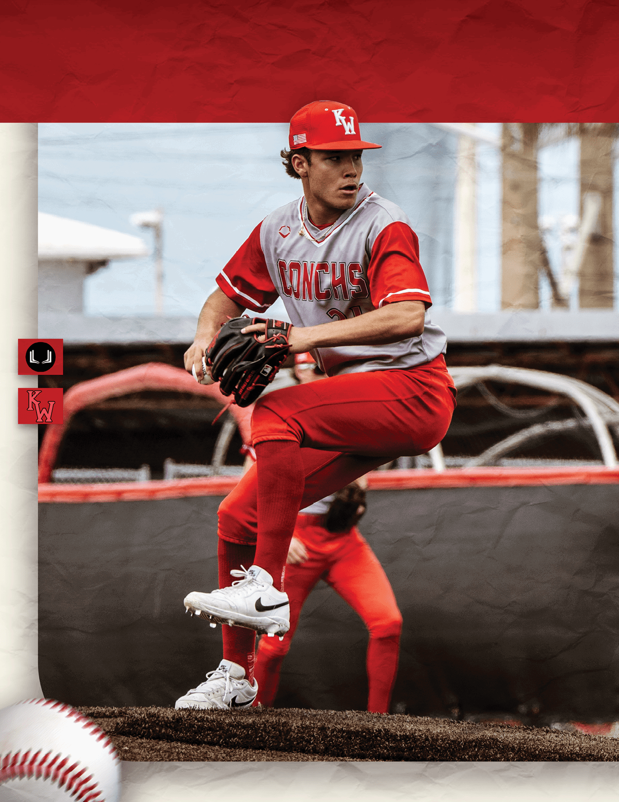 A baseball player in a red jersey and red pants is in the process of throwing a ball. AI generated content