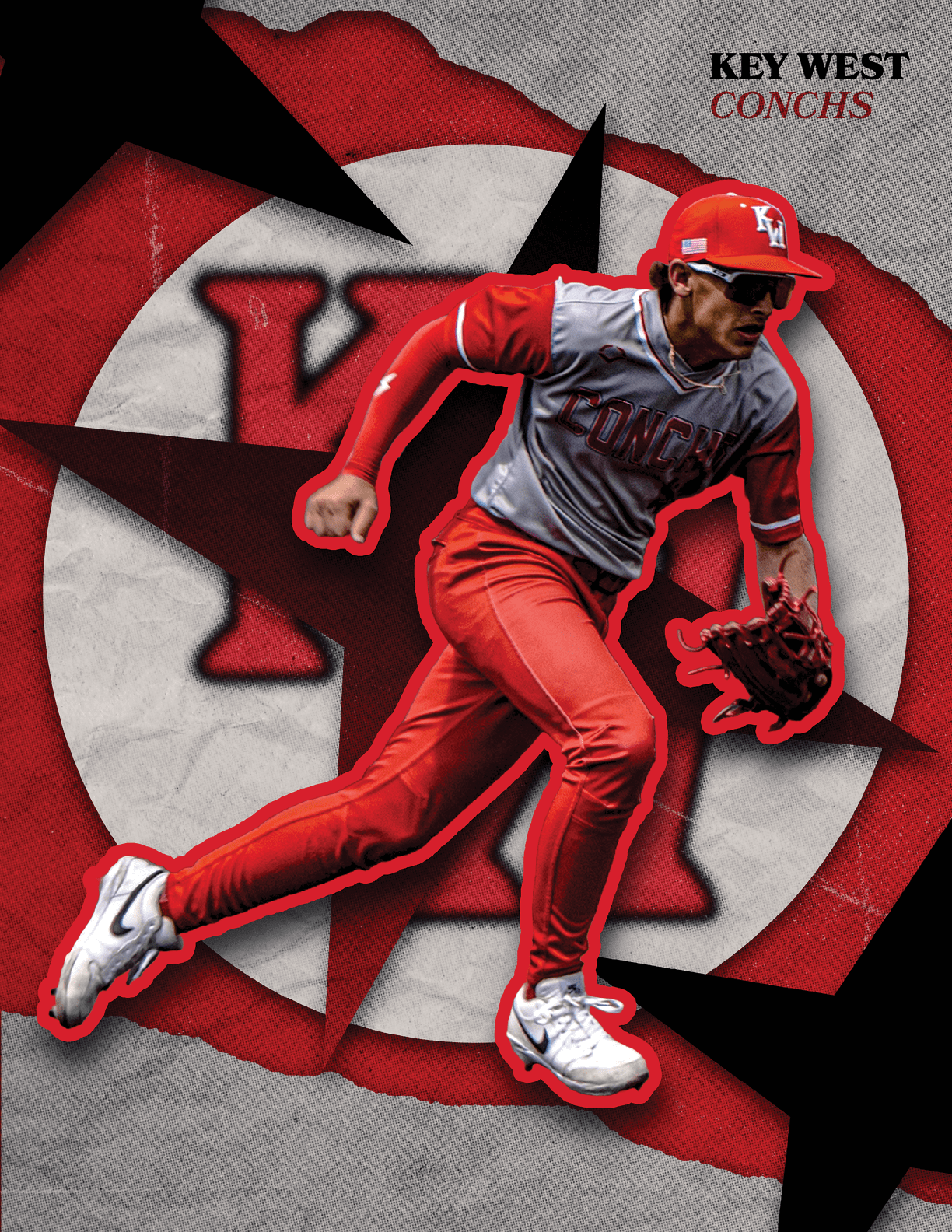 A baseball player in a red jersey and red pants is shown in mid-leap, wearing a baseball glove. AI generated content