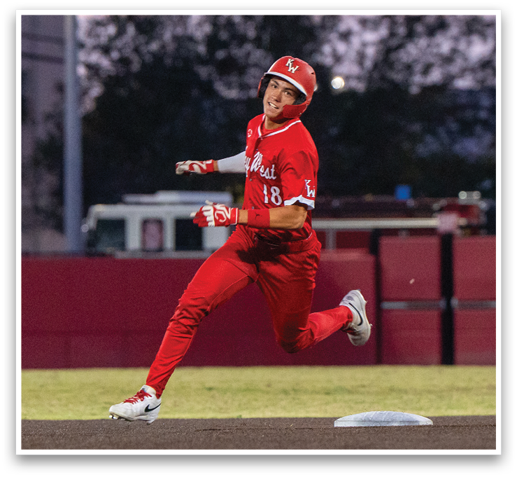 A female baseball player wearing a red uniform is running towards a base. AI generated content