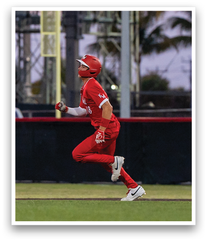 A baseball player in a red uniform is running on the field. AI generated content