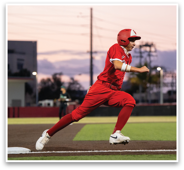 A baseball player in a red uniform is running towards a base. AI generated content