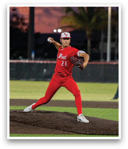 A baseball player in a red uniform is pitching a ball on a field. AI generated content