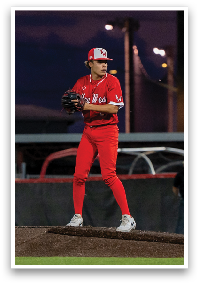 A baseball player in a red uniform is standing on a mound, holding a baseball glove. AI generated content