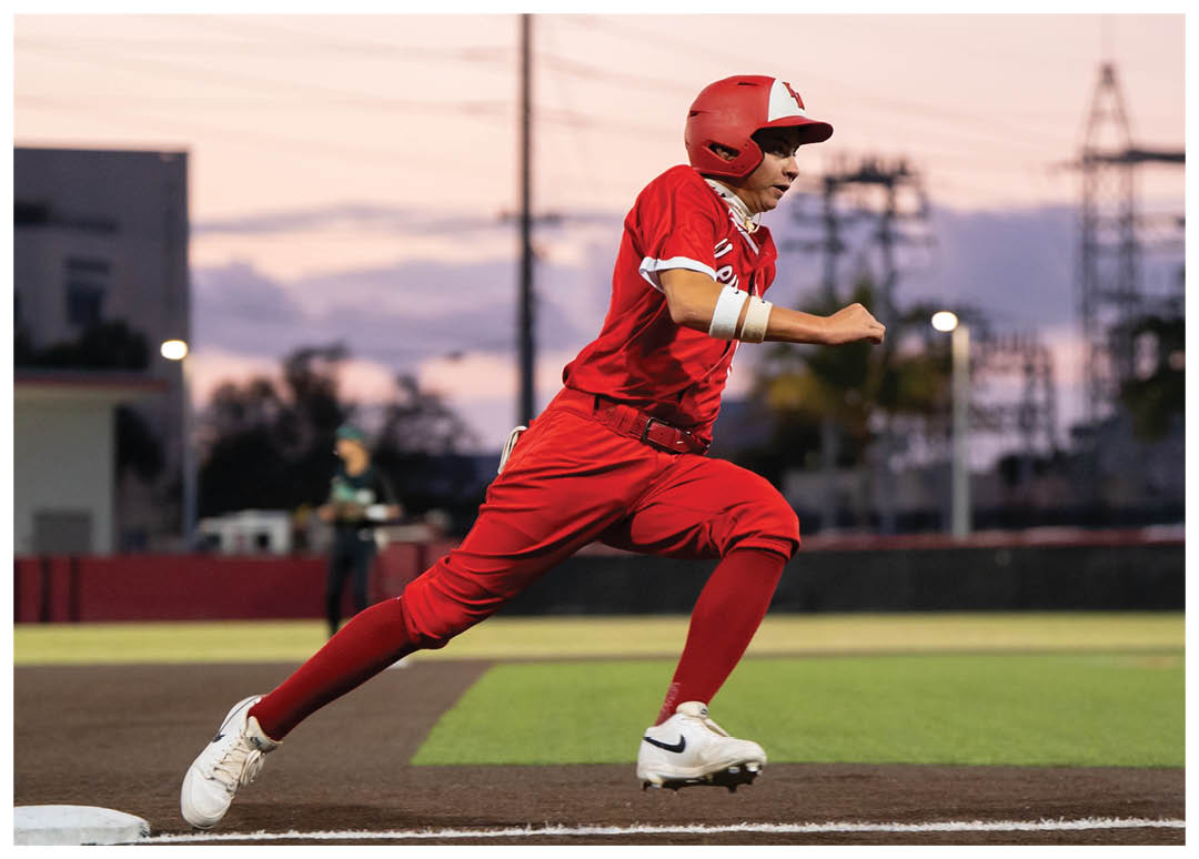 A baseball player in a red uniform is running towards a base. AI generated content
