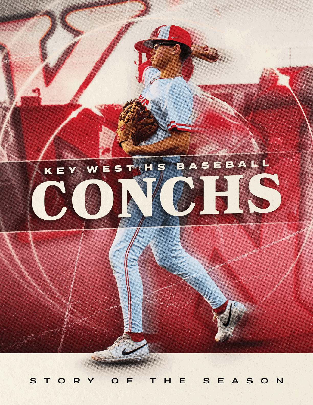 A baseball player in a red and white uniform is holding a baseball glove. AI generated content