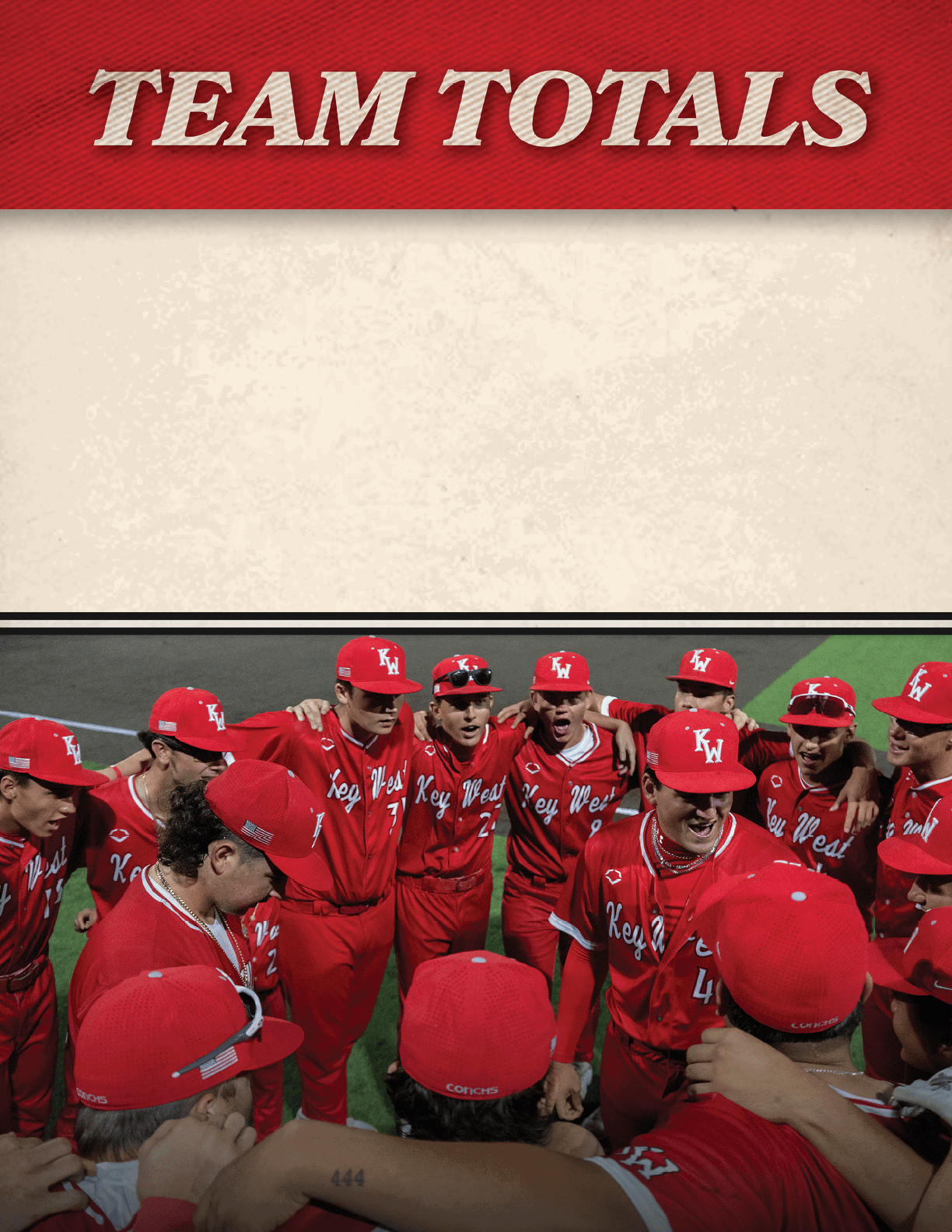 A group of men wearing red and white uniforms are huddled together on a field. AI generated content
