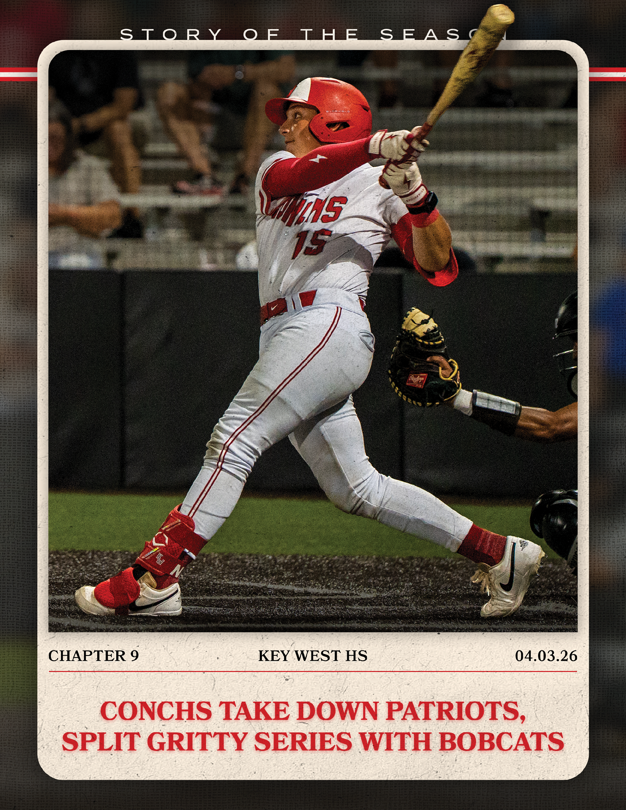 A baseball player in a red helmet and white uniform is swinging a bat. Description generated by AI