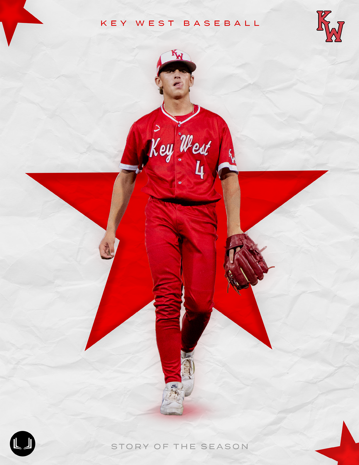 A baseball player in a red uniform with a red star on it. Description generated by AI