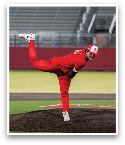 A baseball player in a red uniform is swinging a bat. Description generated by AI