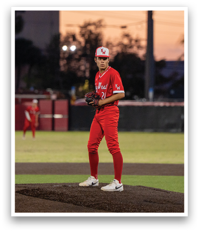 A baseball player in a red uniform is swinging a bat. Description generated by AI