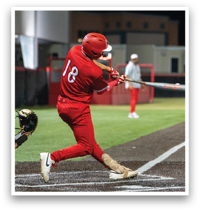 A baseball player in a red uniform is swinging a bat. Description generated by AI
