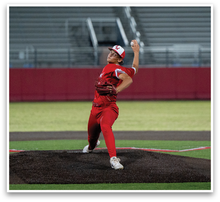 A baseball player in a red shirt and white shoes is pitching a ball. Description generated by AI