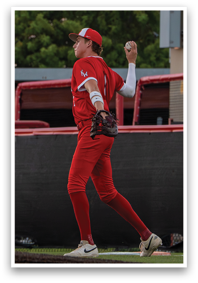 A baseball player in a red jersey and white gloves is throwing a ball. Description generated by AI
