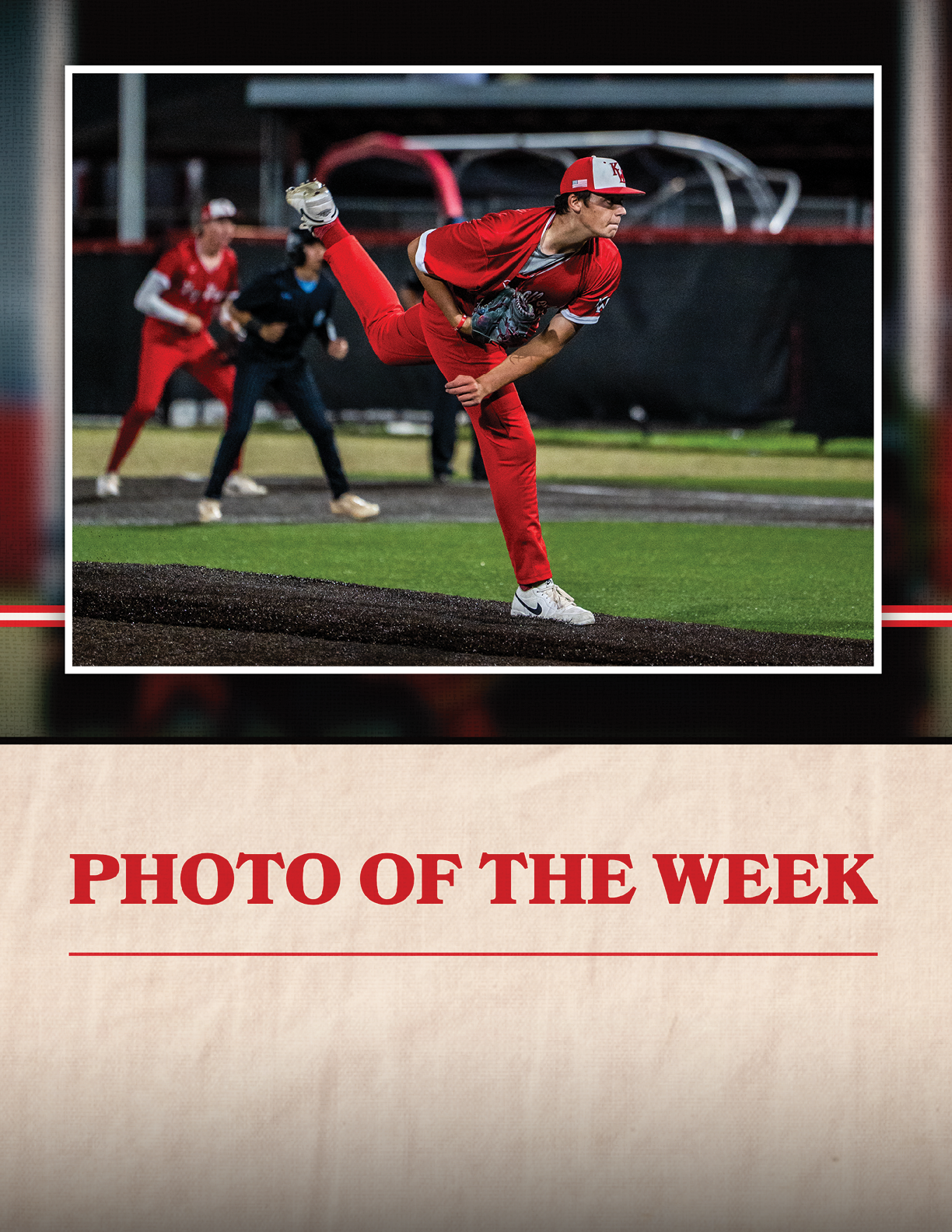 A baseball player in a red uniform is in the process of throwing a ball. Description generated by AI