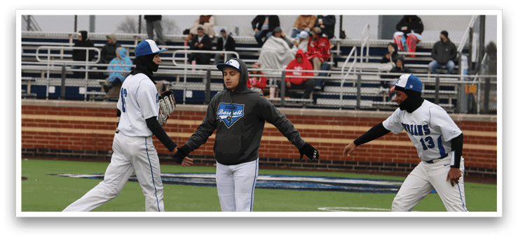 Three baseball players are on the field, two of them shaking hands while the third one watches. AI generated content